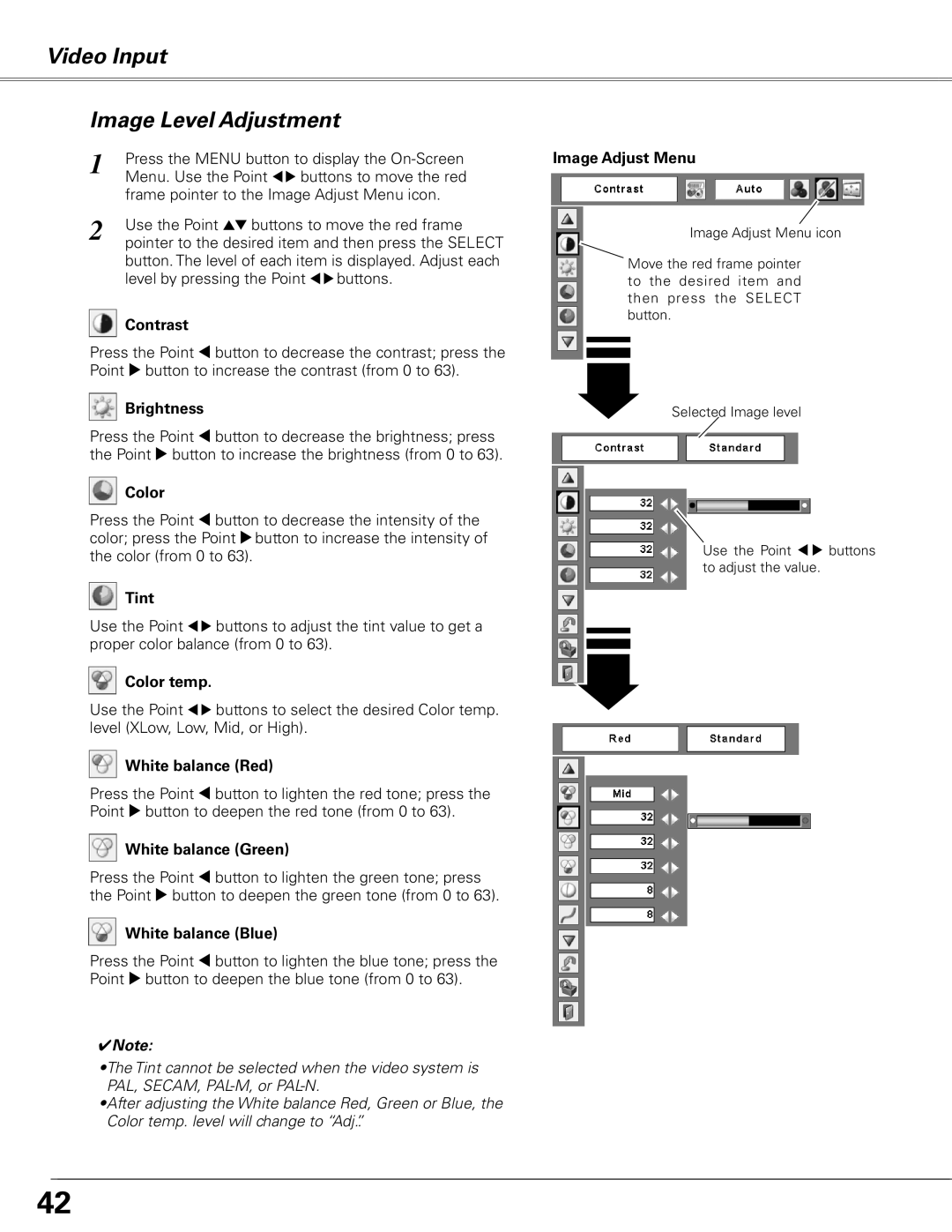 Sanyo PLC-XL50A owner manual Video Input Image Level Adjustment, Color, Tint 