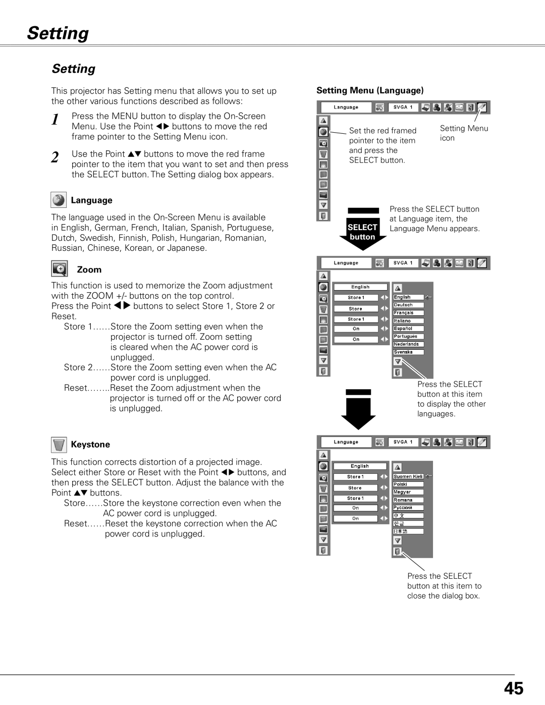 Sanyo PLC-XL50A owner manual Language Setting Menu Language, Zoom, Keystone 