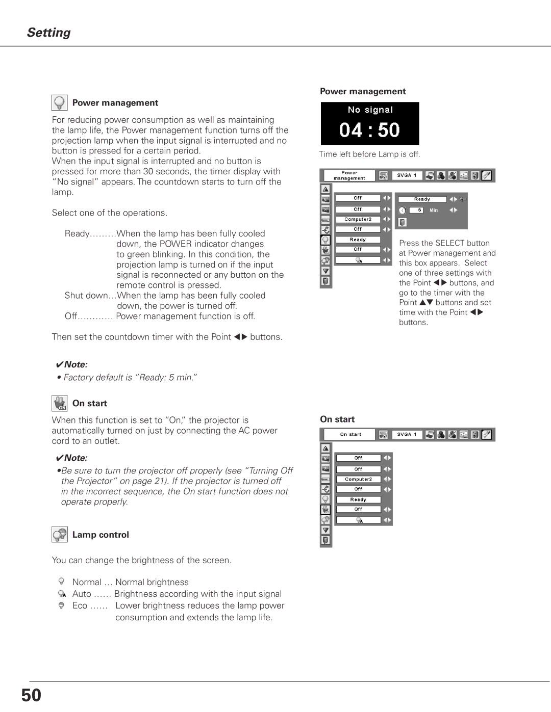 Sanyo PLC-XL50A owner manual Power management, On start, Lamp control 