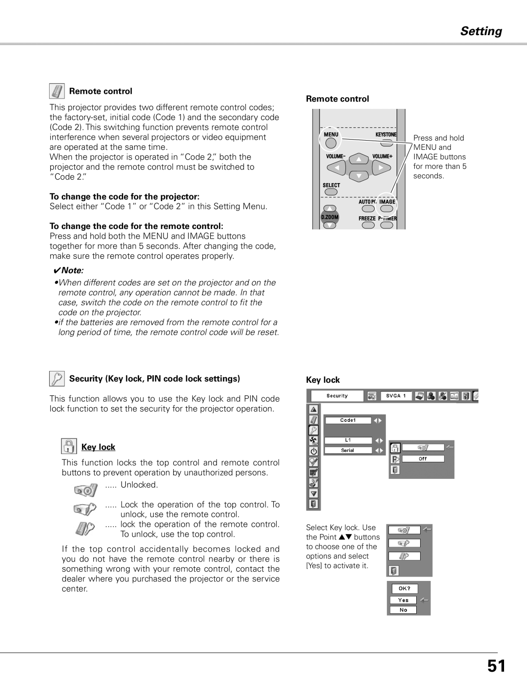 Sanyo PLC-XL50A To change the code for the projector, Security Key lock, PIN code lock settings, Remote control Key lock 