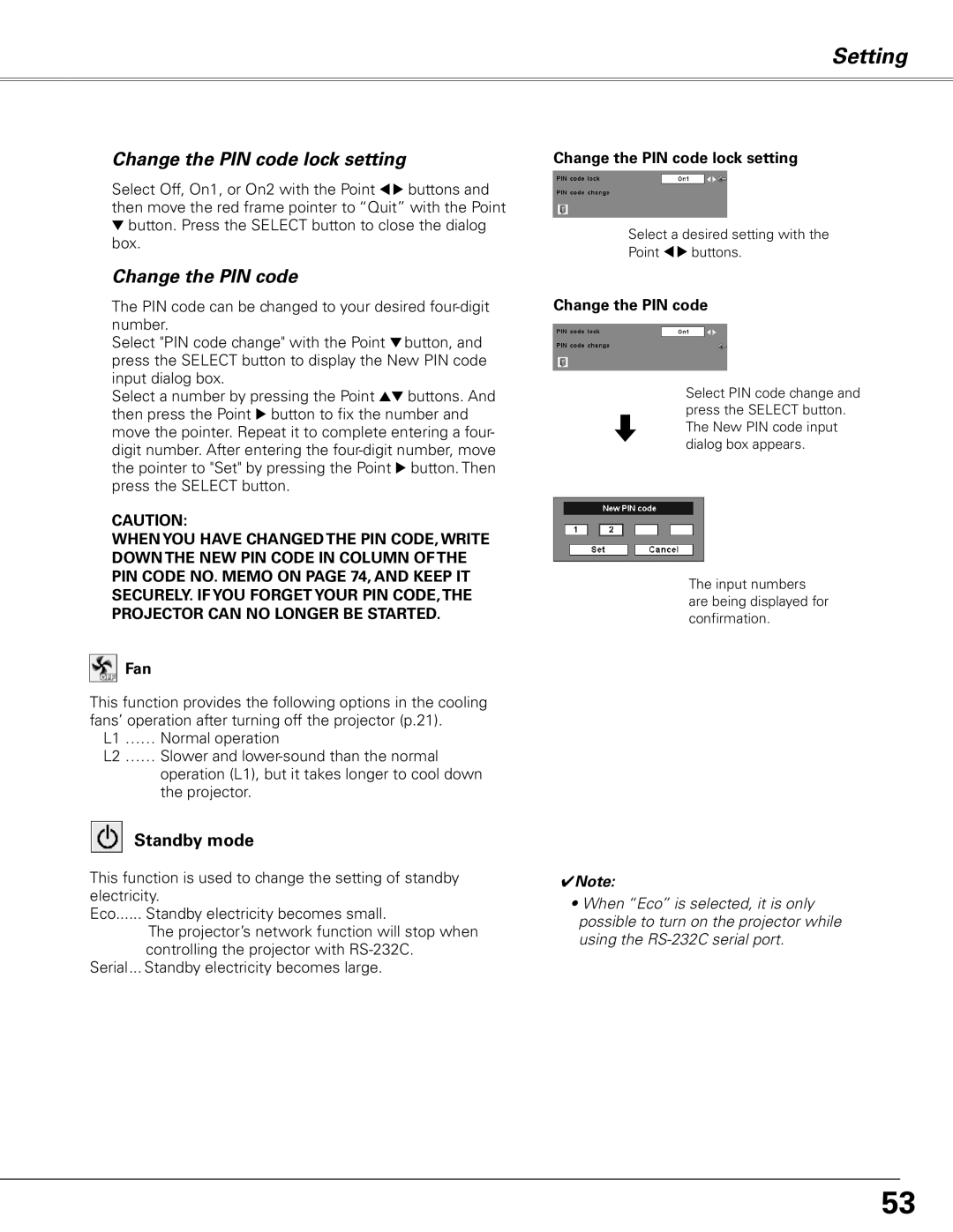 Sanyo PLC-XL50A owner manual Change the PIN code lock setting 