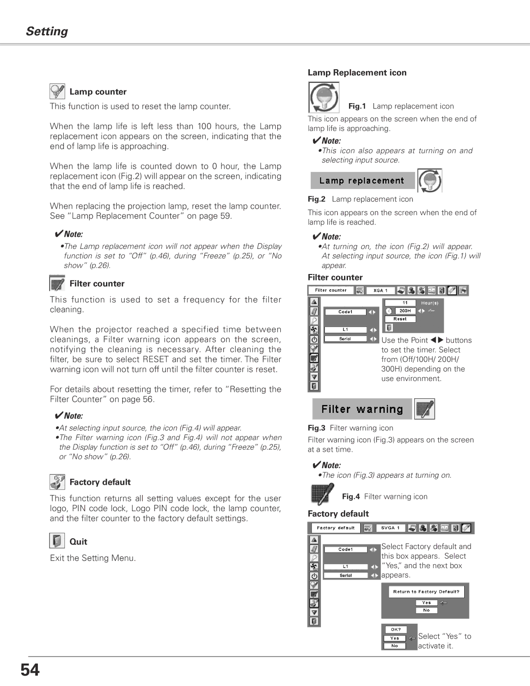 Sanyo PLC-XL50A owner manual Lamp counter, Filter counter, Factory default, Lamp Replacement icon 