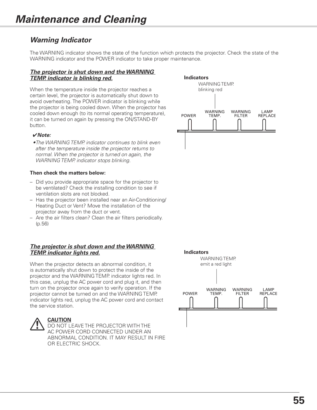 Sanyo PLC-XL50A owner manual Maintenance and Cleaning, Then check the matters below, Indicators 