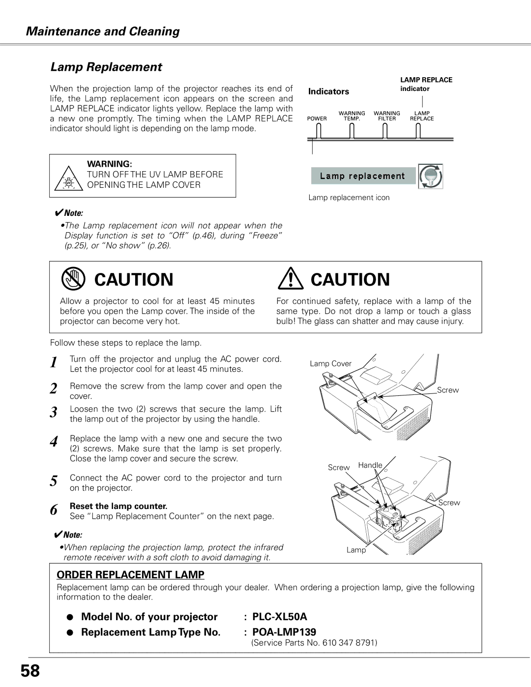 Sanyo PLC-XL50A owner manual Maintenance and Cleaning Lamp Replacement, Indicatorsindicator, Reset the lamp counter 