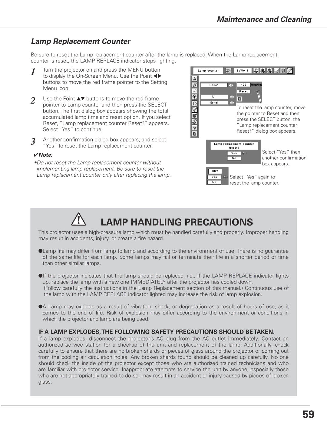 Sanyo PLC-XL50A owner manual Lamp Handling Precautions, Maintenance and Cleaning Lamp Replacement Counter 