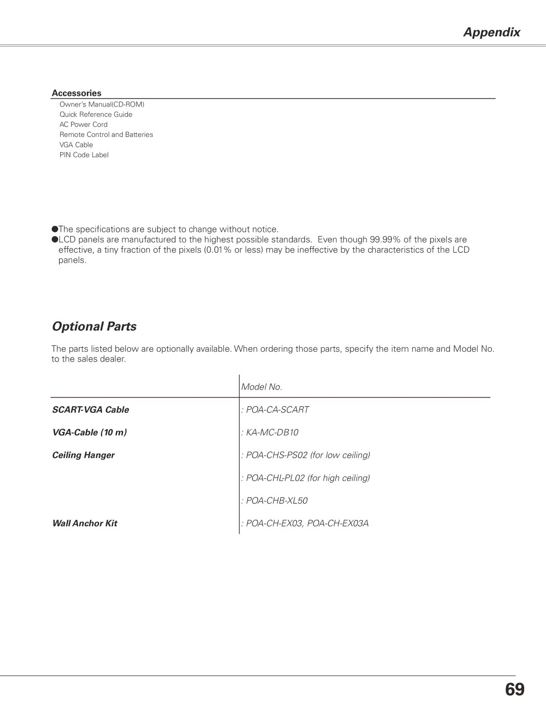 Sanyo PLC-XL50A owner manual Optional Parts, Accessories 