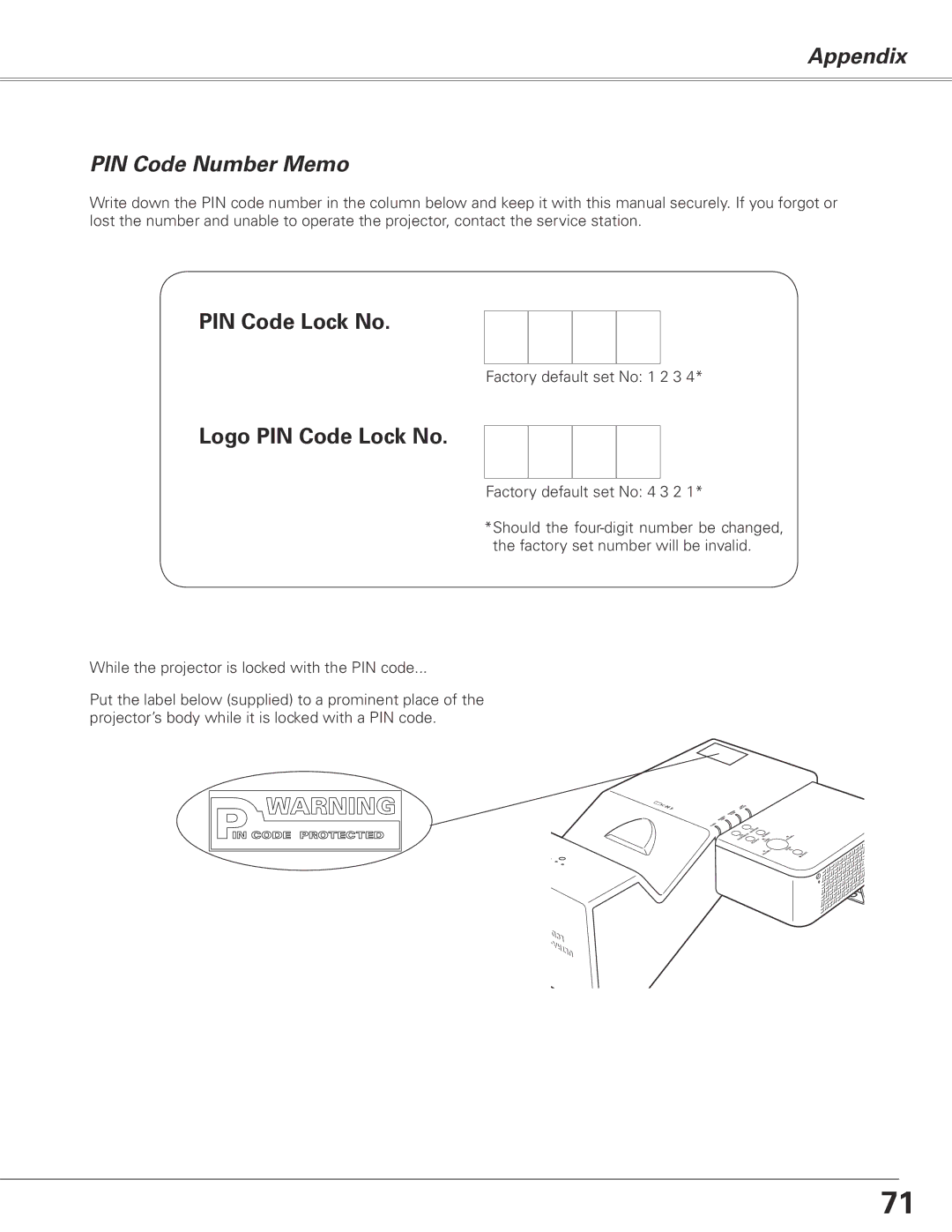 Sanyo PLC-XL50A owner manual Appendix PIN Code Number Memo, Logo PIN Code Lock No 