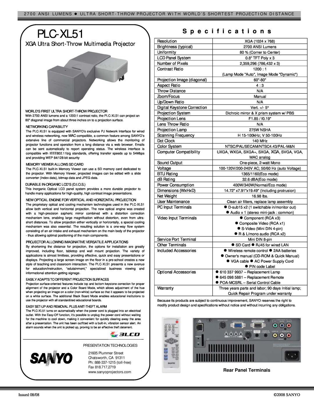 Sanyo PLC-XL51 specifications S p e c i f i c a t i o n s, XGA Ultra Short-ThrowMultimedia Projector 