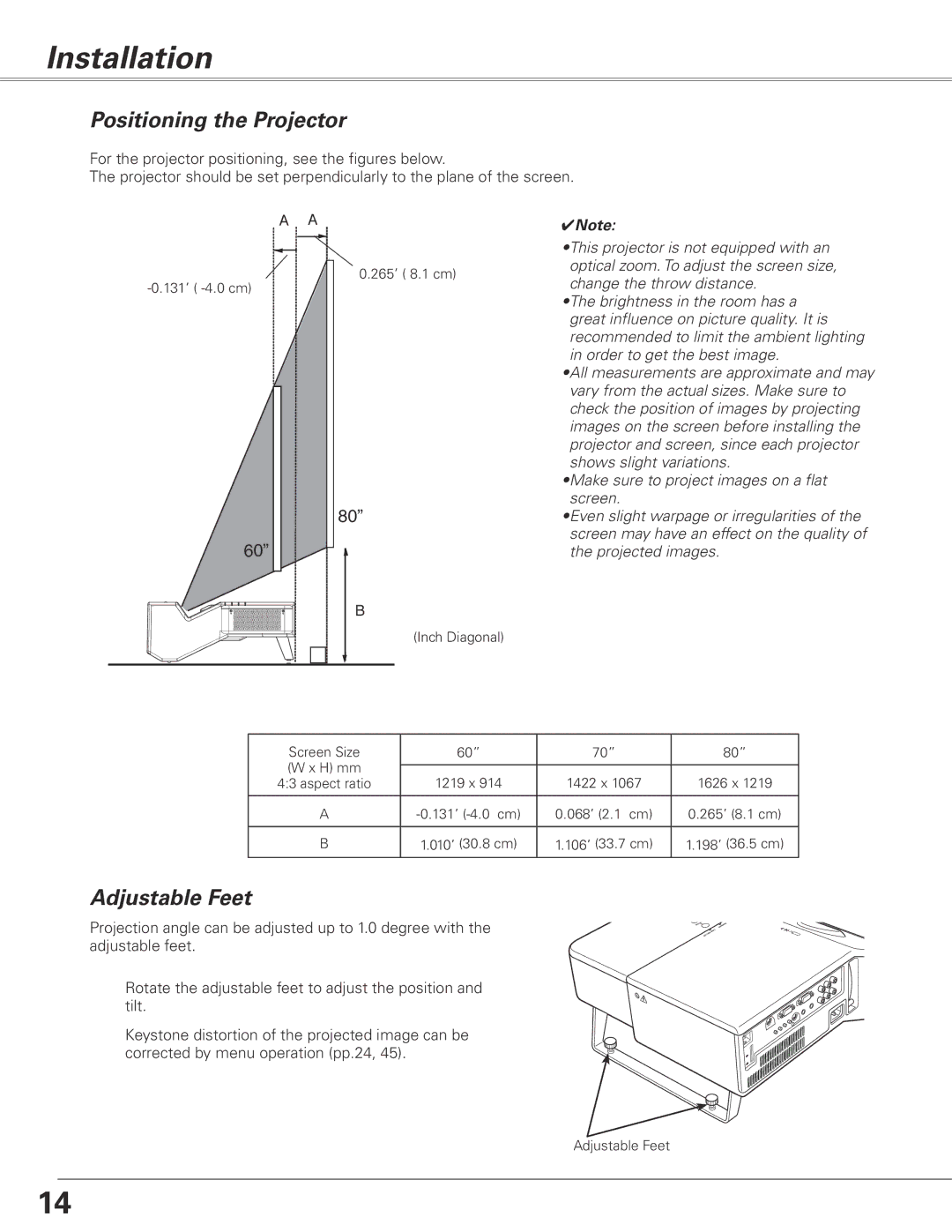 Sanyo PLC-XL51 owner manual Installation, Positioning the Projector, Adjustable Feet 