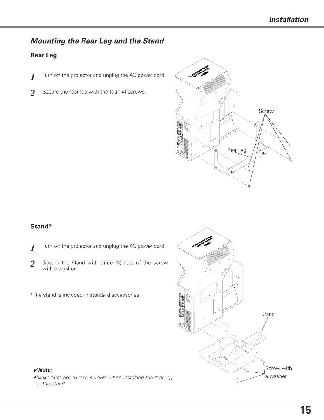 Sanyo PLC-XL51 owner manual Installation Mounting the Rear Leg and the Stand 