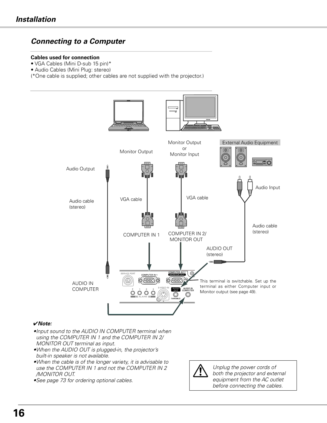 Sanyo PLC-XL51 owner manual Installation Connecting to a Computer, Cables used for connection 