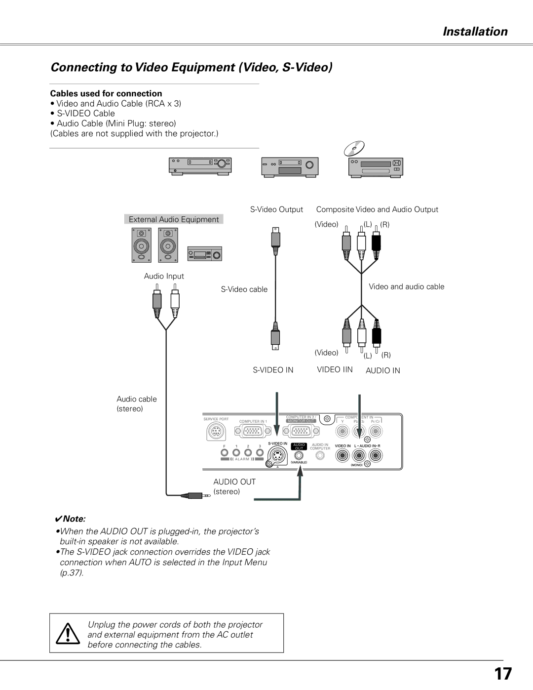 Sanyo PLC-XL51 owner manual Installation Connecting to Video Equipment Video, S-Video 