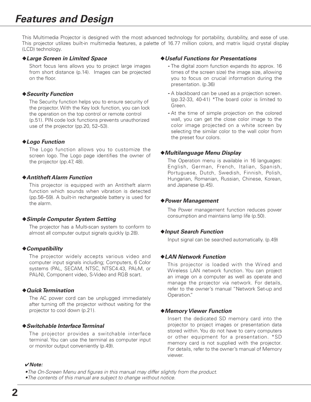 Sanyo PLC-XL51 owner manual Features and Design, Large Screen in Limited Space 