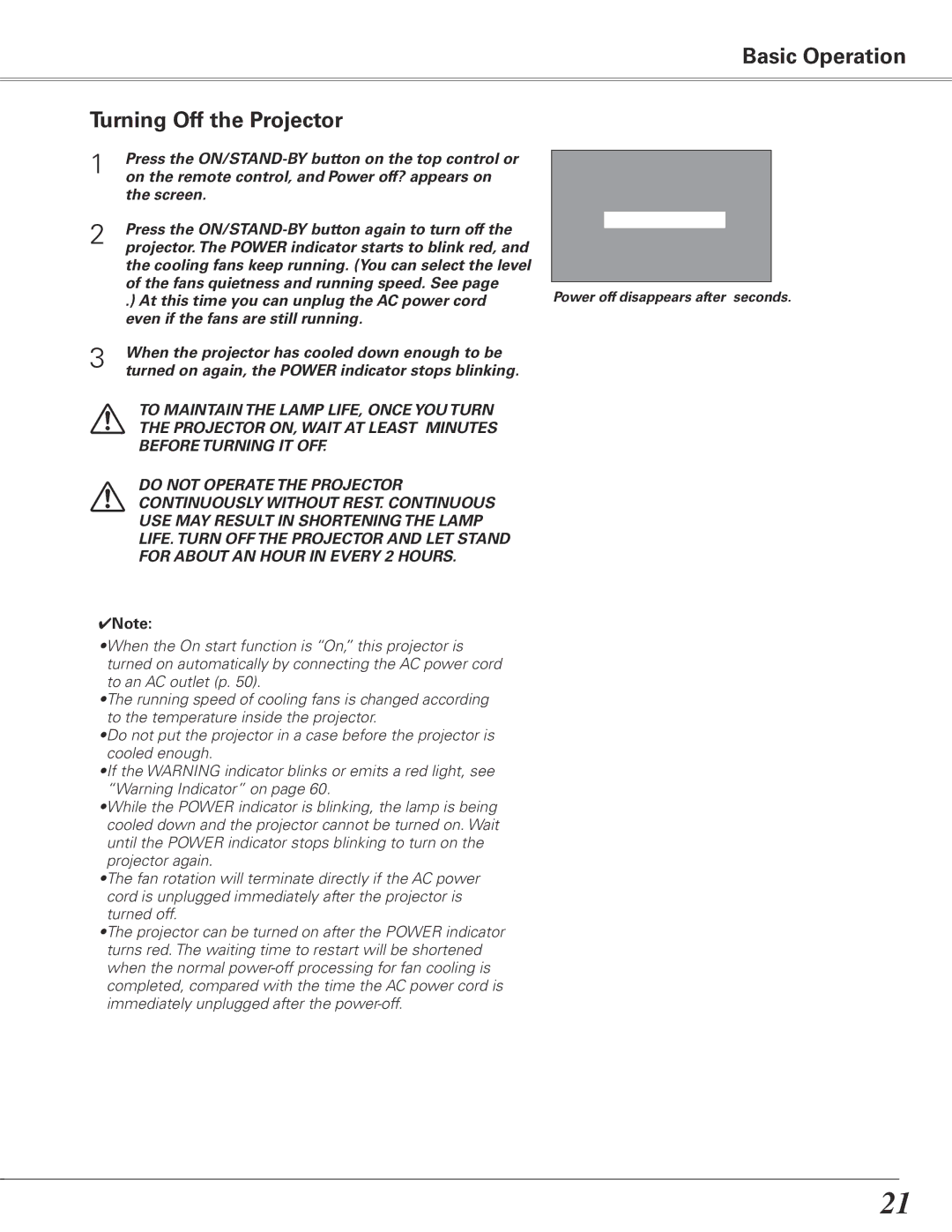 Sanyo PLC-XL51 owner manual Basic Operation Turning Off the Projector 