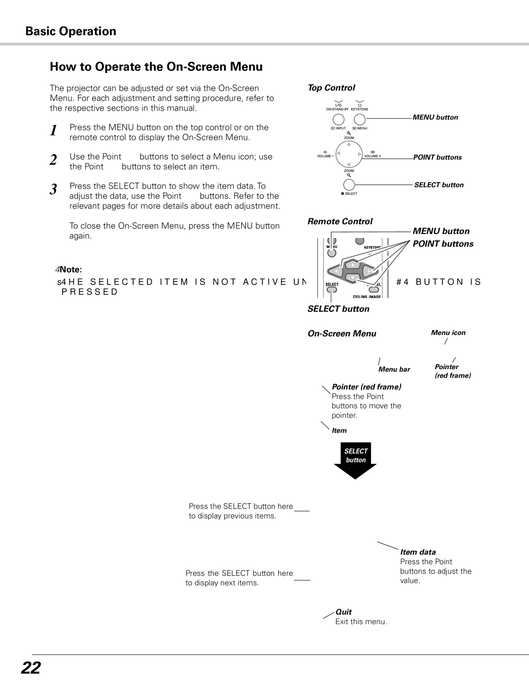 Sanyo PLC-XL51 owner manual Basic Operation How to Operate the On-Screen Menu, Top Control, Remote Control 