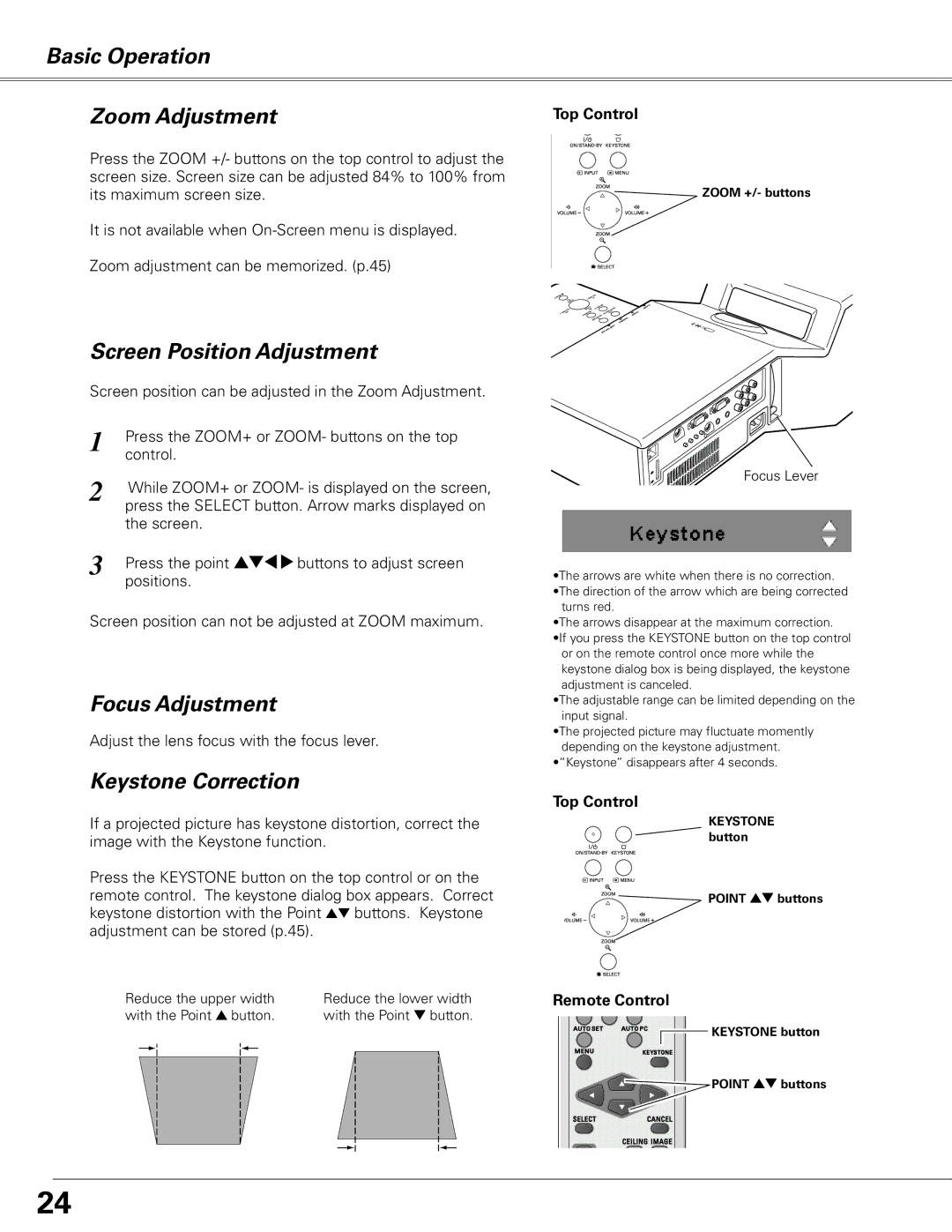 Sanyo PLC-XL51 Basic Operation Zoom Adjustment, Screen Position Adjustment, Focus Adjustment, Keystone Correction 