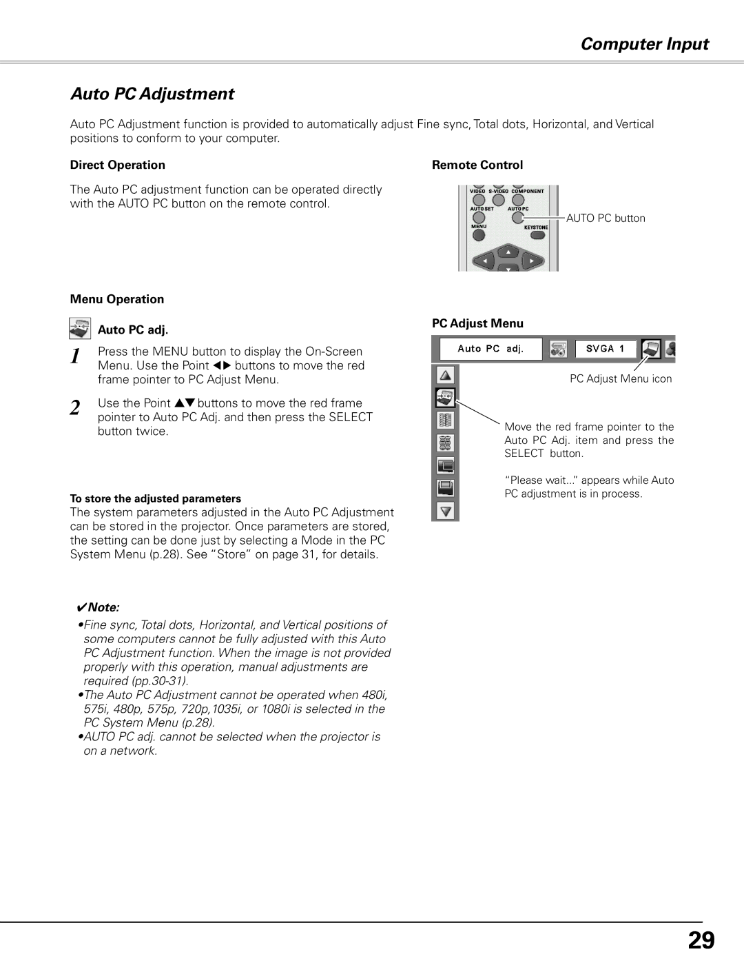 Sanyo PLC-XL51 owner manual Computer Input Auto PC Adjustment, Direct Operation Remote Control, Menu Operation Auto PC adj 