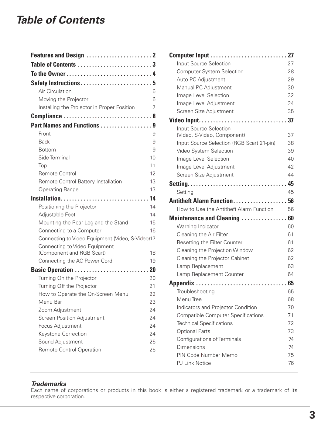 Sanyo PLC-XL51 owner manual Table of Contents 