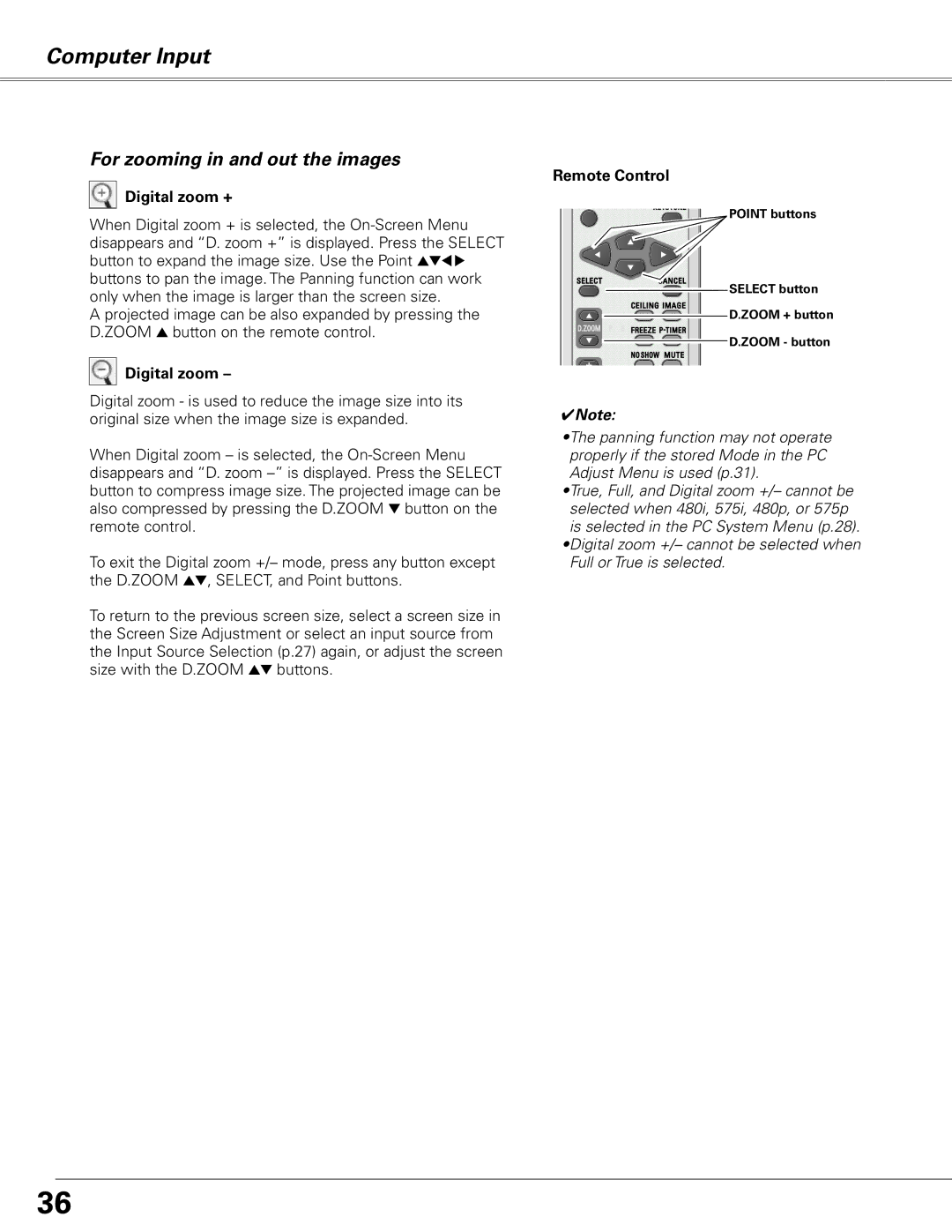 Sanyo PLC-XL51 owner manual For zooming in and out the images, Digital zoom + 