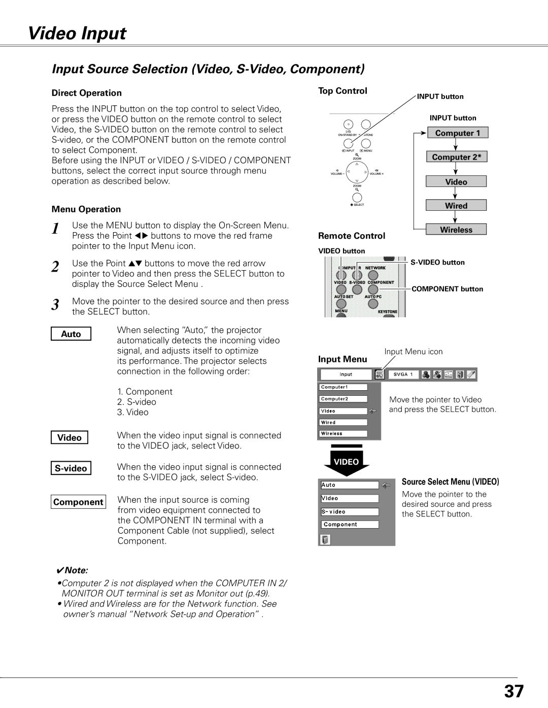 Sanyo PLC-XL51 owner manual Video Input, Input Source Selection Video, S-Video, Component, Auto Video Component 