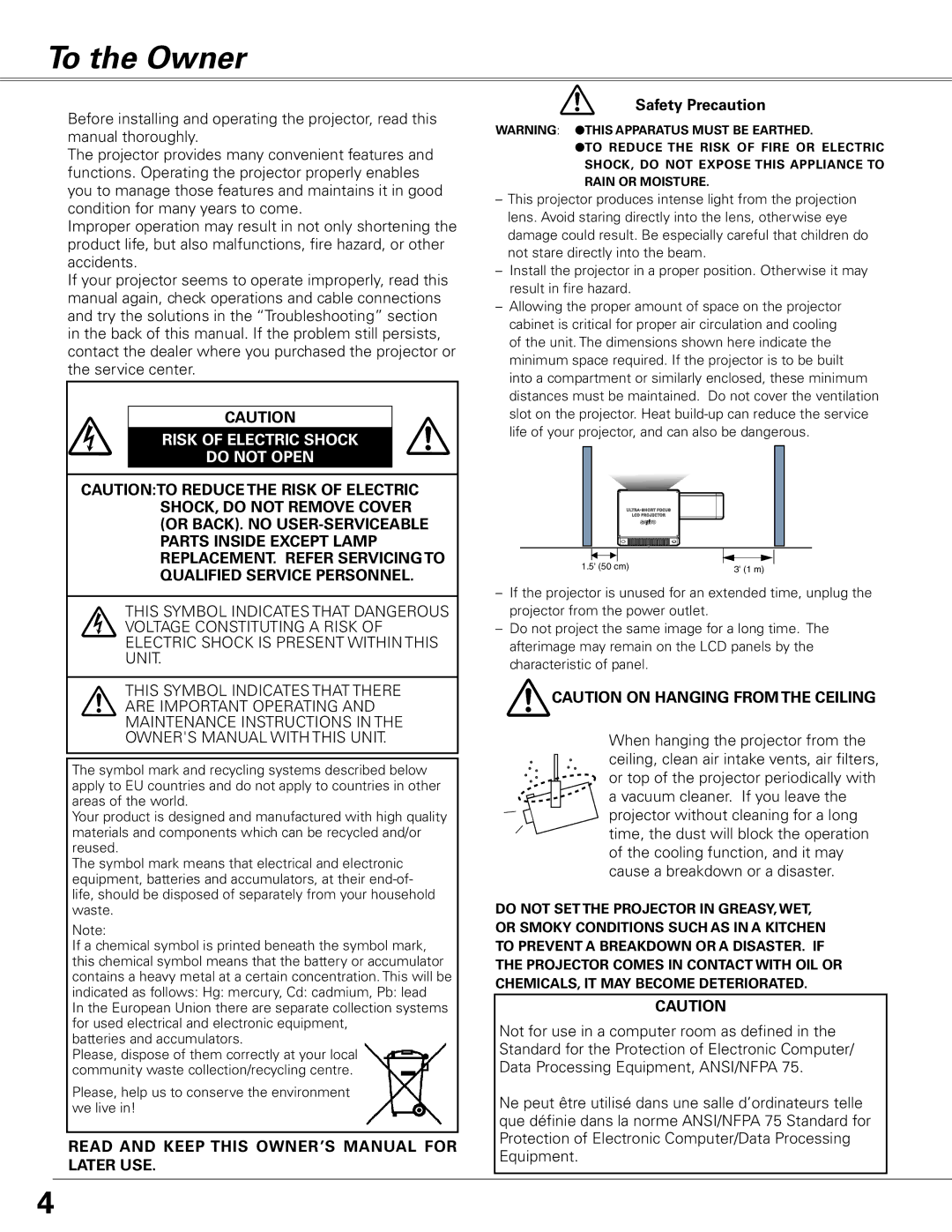 Sanyo PLC-XL51 owner manual To the Owner, Safety Precaution 