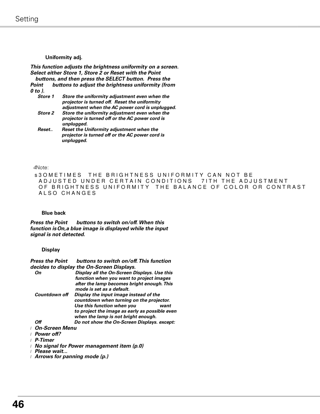 Sanyo PLC-XL51 owner manual Uniformity adj, Blue back, Display 