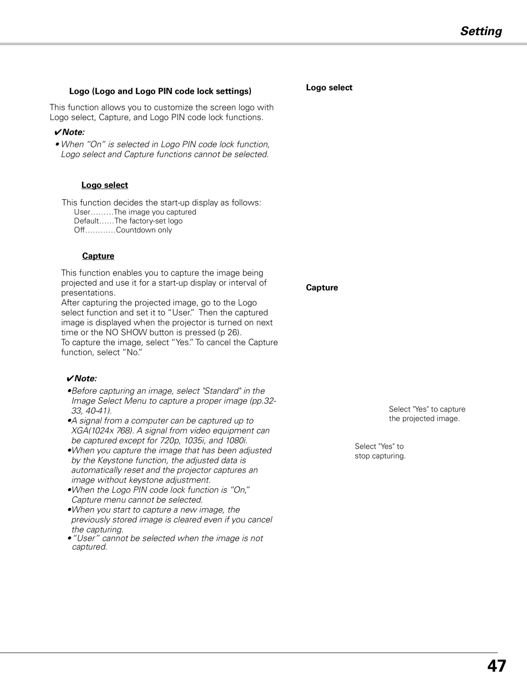 Sanyo PLC-XL51 owner manual Logo Logo and Logo PIN code lock settings, Logo select Capture 