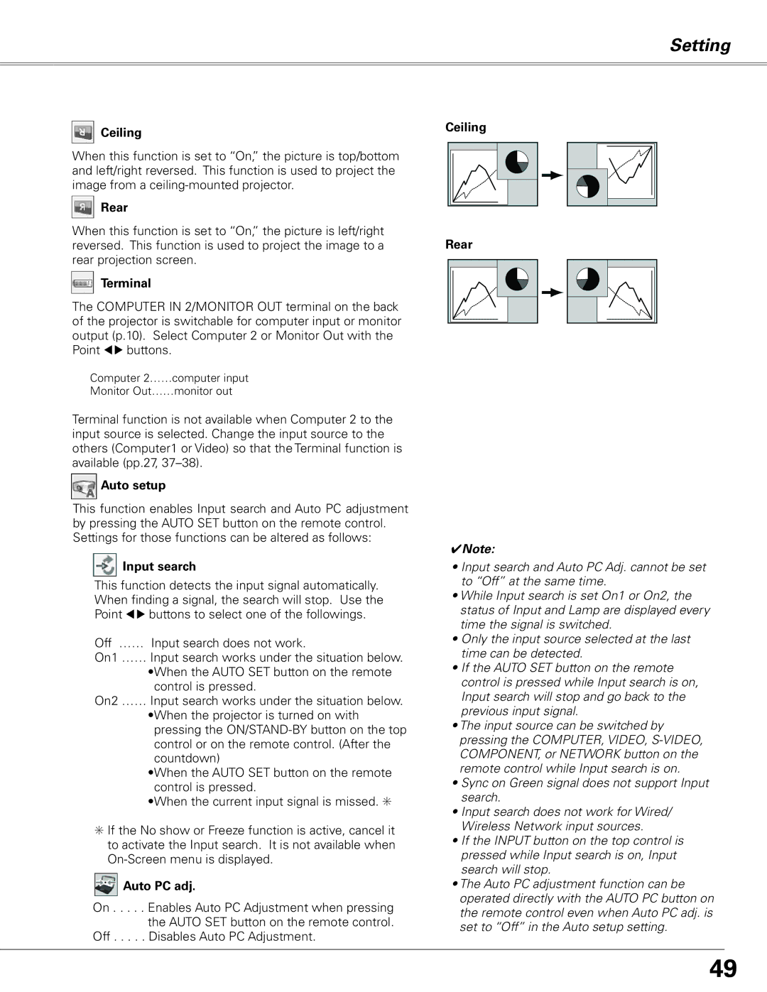 Sanyo PLC-XL51 owner manual Ceiling, Rear, Terminal, Auto setup, Input search 