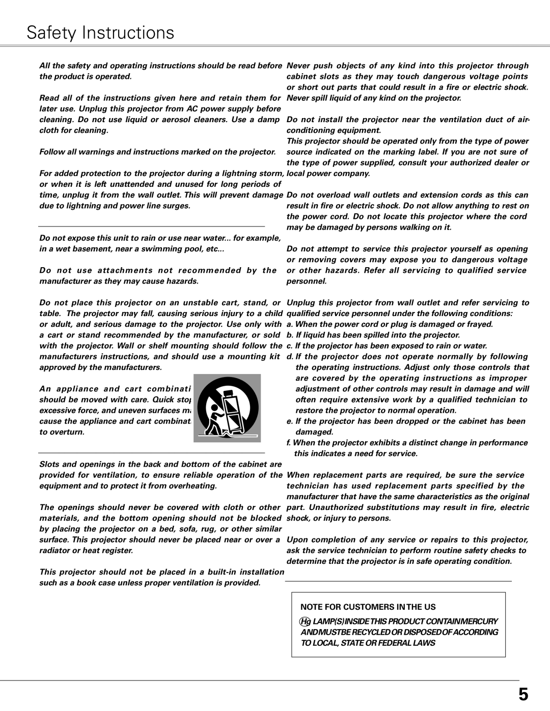 Sanyo PLC-XL51 owner manual Safety Instructions 