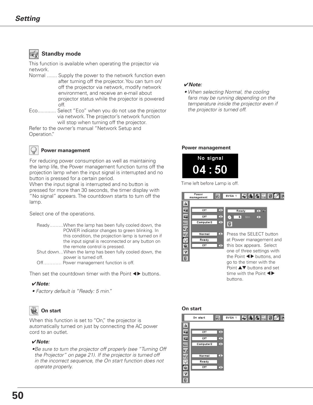 Sanyo PLC-XL51 owner manual Power management, On start 