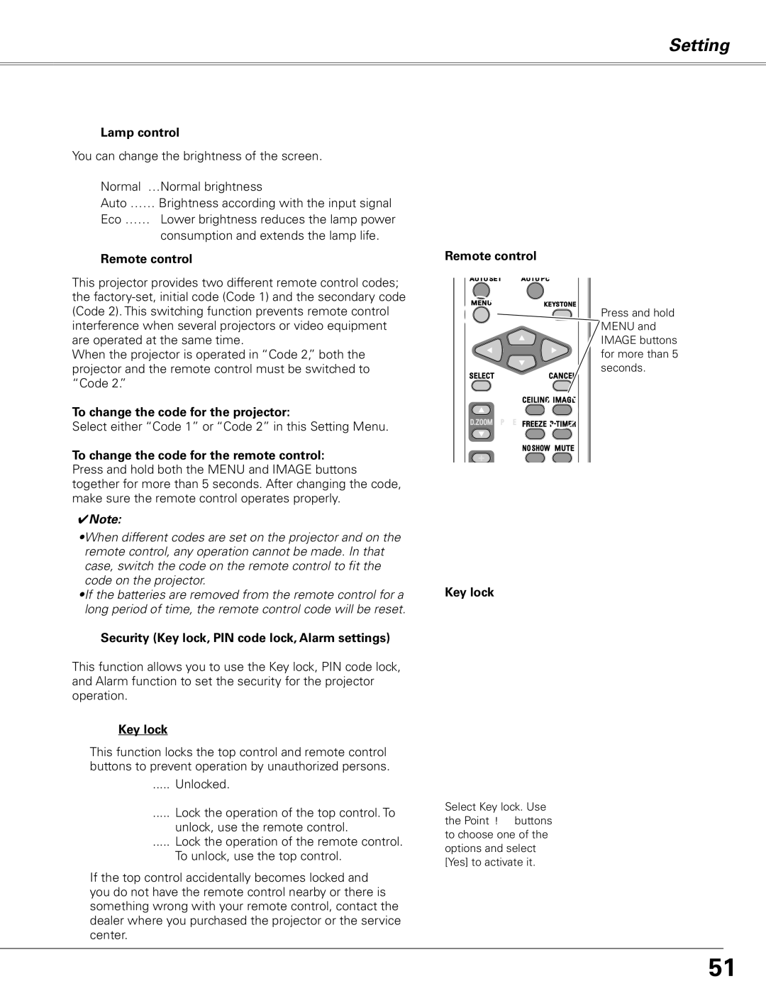 Sanyo PLC-XL51 Lamp control, To change the code for the projector, Security Key lock, PIN code lock, Alarm settings 