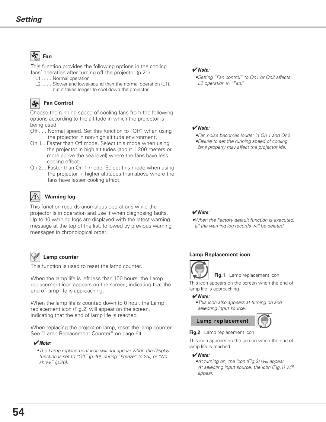 Sanyo PLC-XL51 owner manual Fan Control, Lamp counter, Lamp Replacement icon 