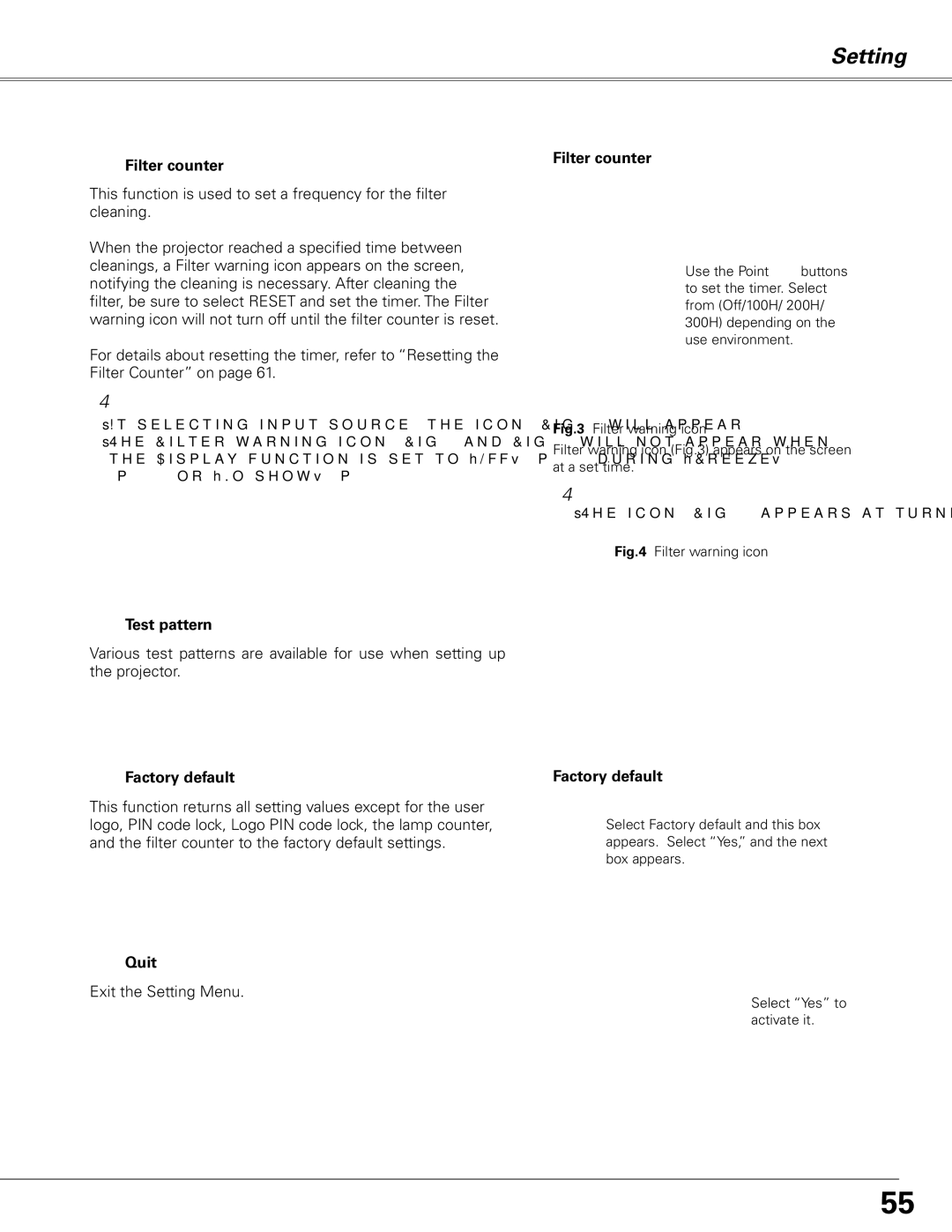 Sanyo PLC-XL51 owner manual Filter counter, Test pattern, Factory default 