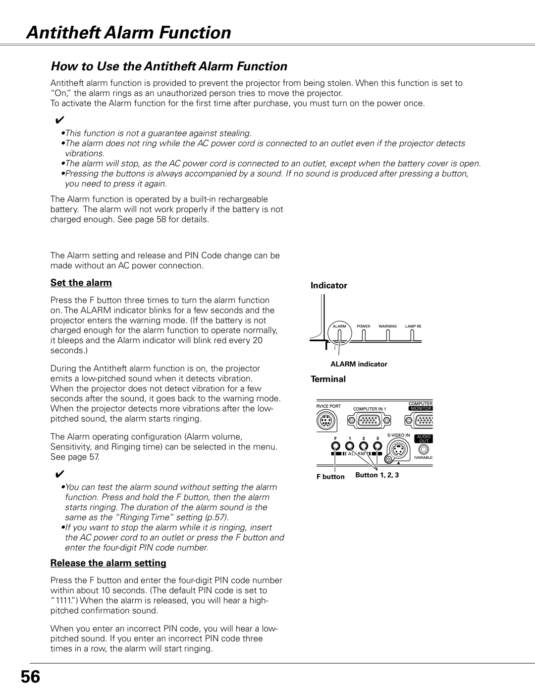 Sanyo PLC-XL51 How to Use the Antitheft Alarm Function, Set and release the Antitheft alarm function, Indicator 