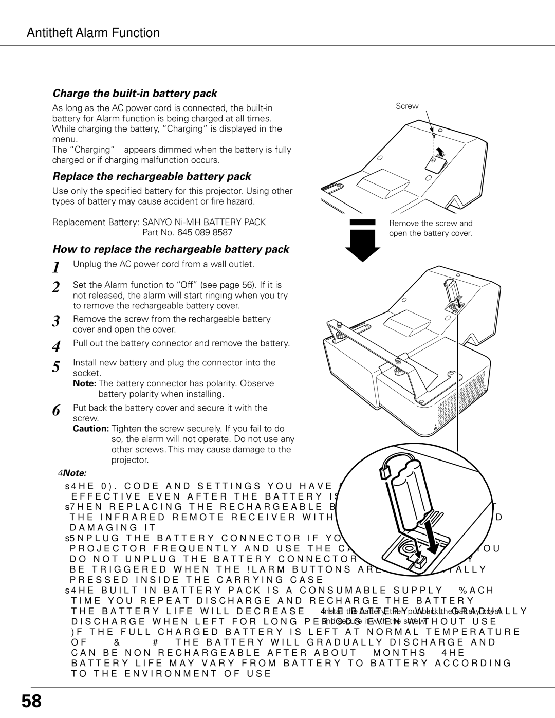 Sanyo PLC-XL51 owner manual Charge the built-in battery pack, Replace the rechargeable battery pack 