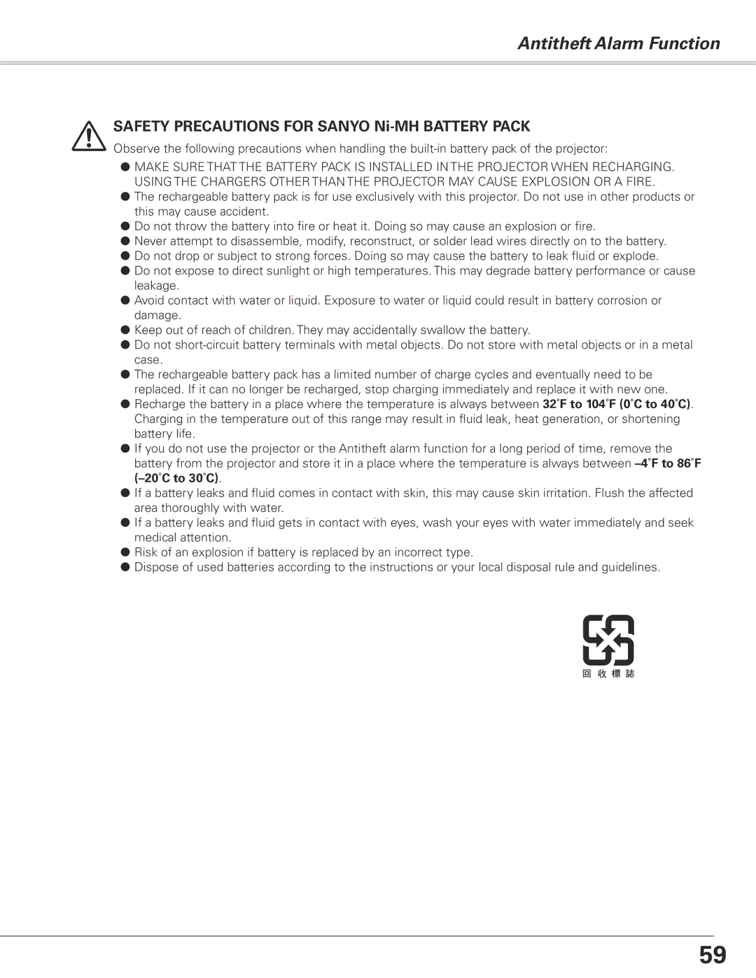 Sanyo PLC-XL51 owner manual SAFETY Precautions for Sanyo Ni-MH Battery Pack 