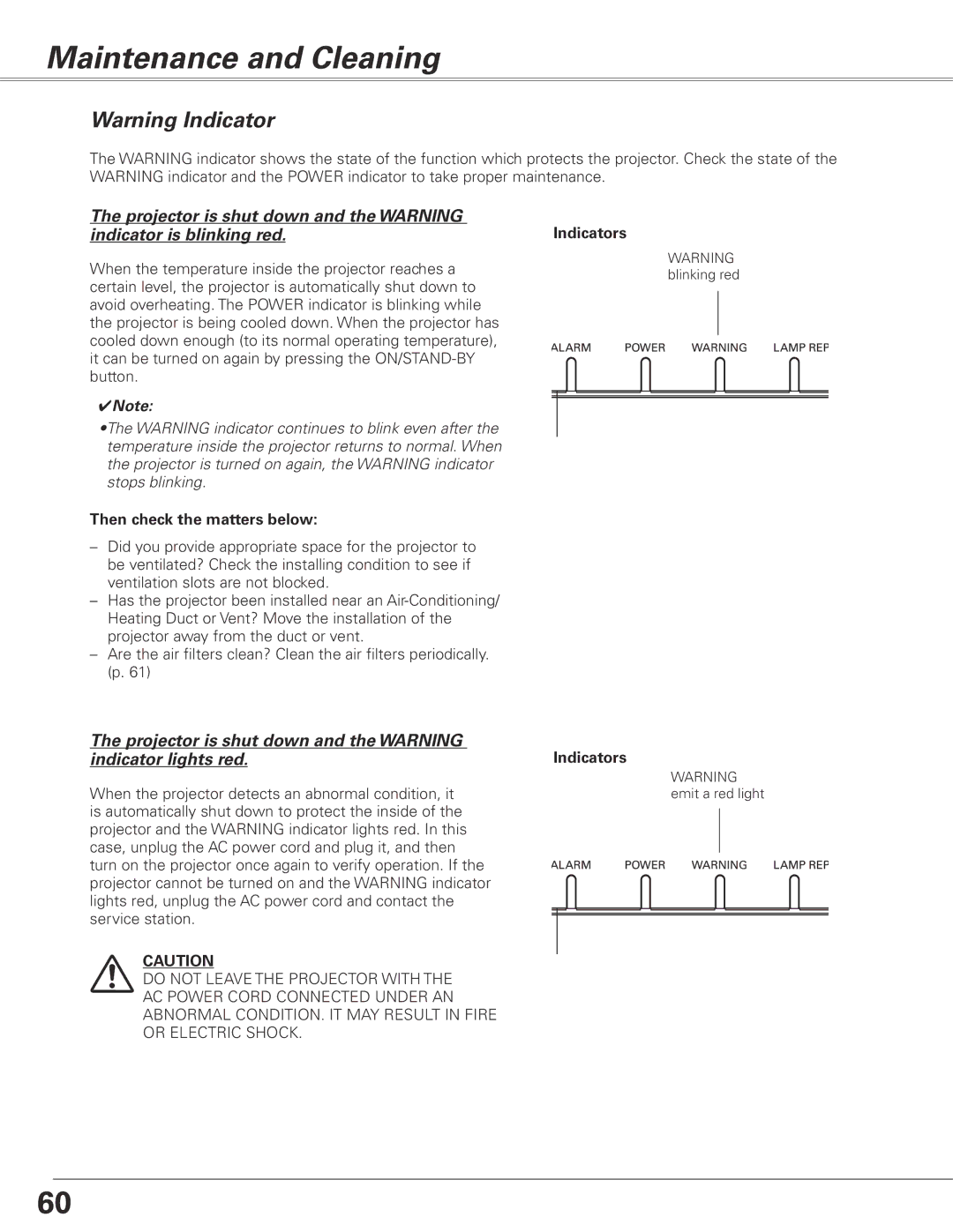 Sanyo PLC-XL51 owner manual Maintenance and Cleaning, Then check the matters below, Indicators 