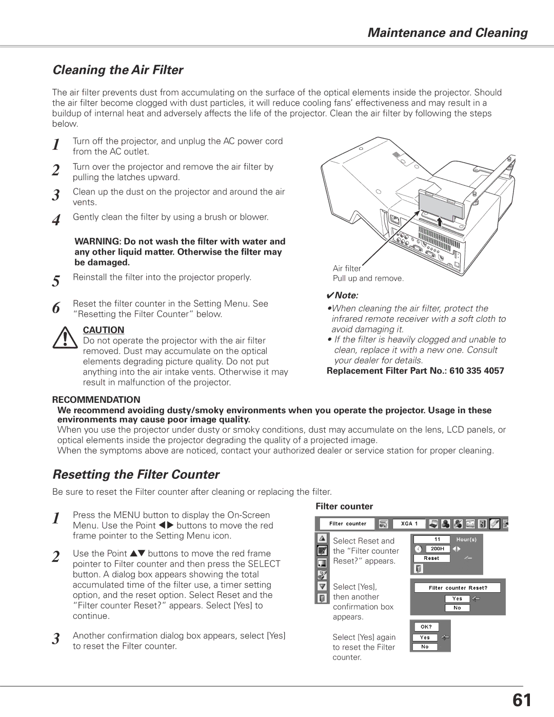 Sanyo PLC-XL51 owner manual Maintenance and Cleaning Cleaning the Air Filter, Resetting the Filter Counter 