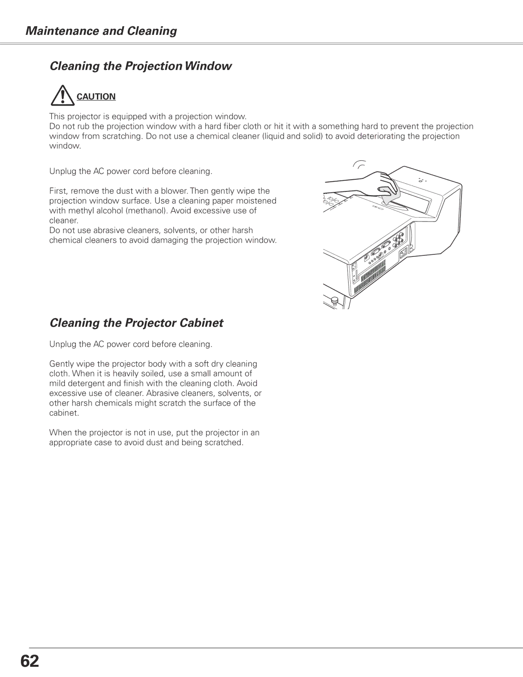 Sanyo PLC-XL51 owner manual Maintenance and Cleaning Cleaning the Projection Window, Cleaning the Projector Cabinet 