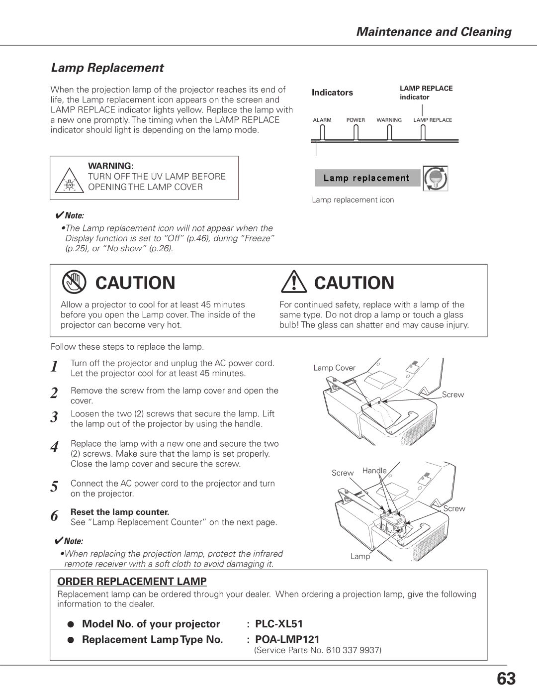 Sanyo PLC-XL51 owner manual Maintenance and Cleaning Lamp Replacement, Reset the lamp counter, Service Parts No 337 