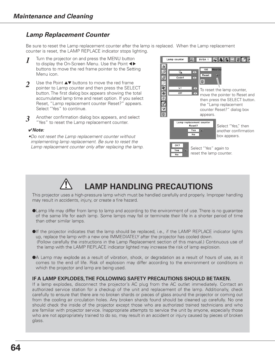 Sanyo PLC-XL51 owner manual Lamp Handling Precautions, Maintenance and Cleaning Lamp Replacement Counter 