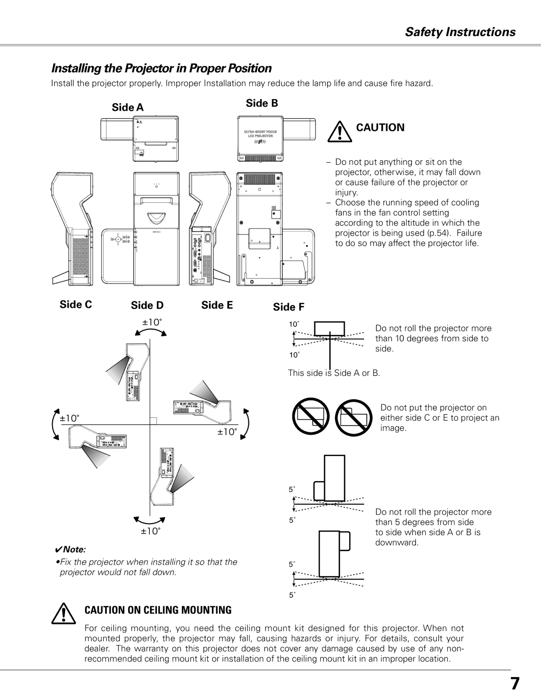 Sanyo PLC-XL51 owner manual Side a Side C Side D Side E, Side B, Side F 