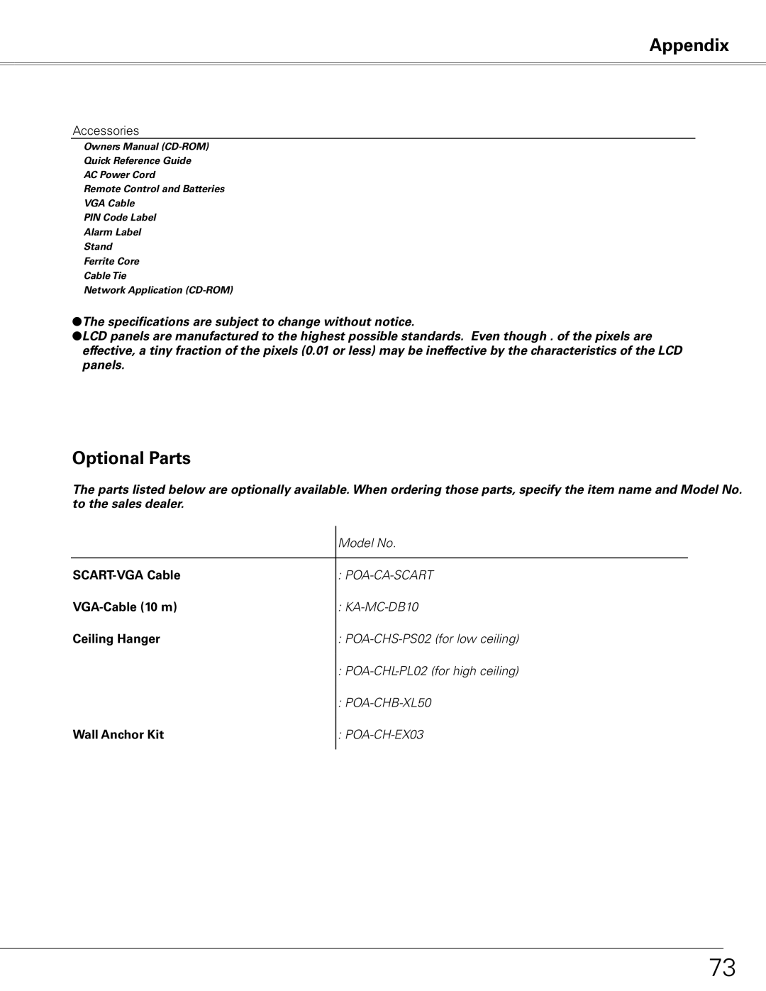 Sanyo PLC-XL51 owner manual Optional Parts, Accessories 