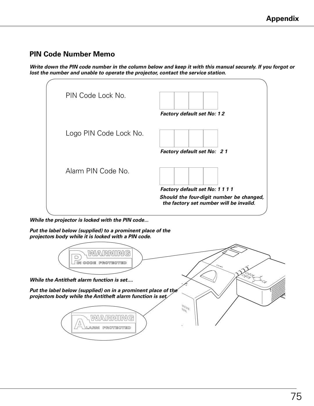 Sanyo PLC-XL51 owner manual Appendix PIN Code Number Memo, Alarm PIN Code No 