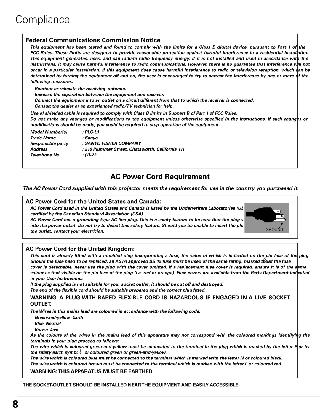 Sanyo PLC-XL51 owner manual Compliance, Federal Communications Commission Notice 