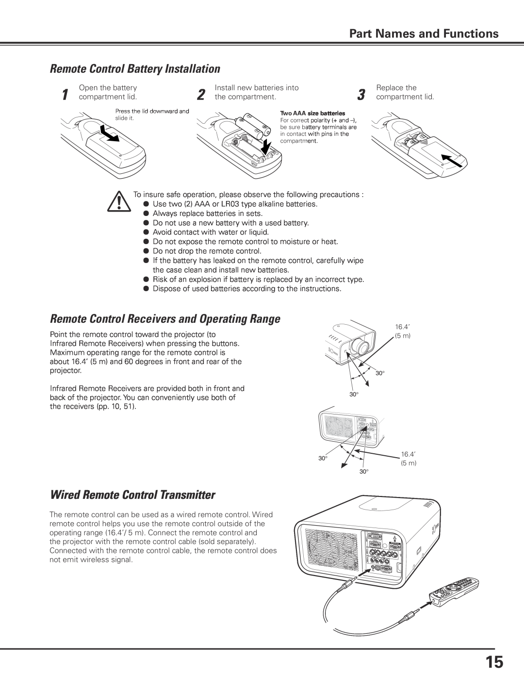 Sanyo PLC-XP100L, PLC-XP100BKL Remote Control Battery Installation, Remote Control Receivers and Operating Range 