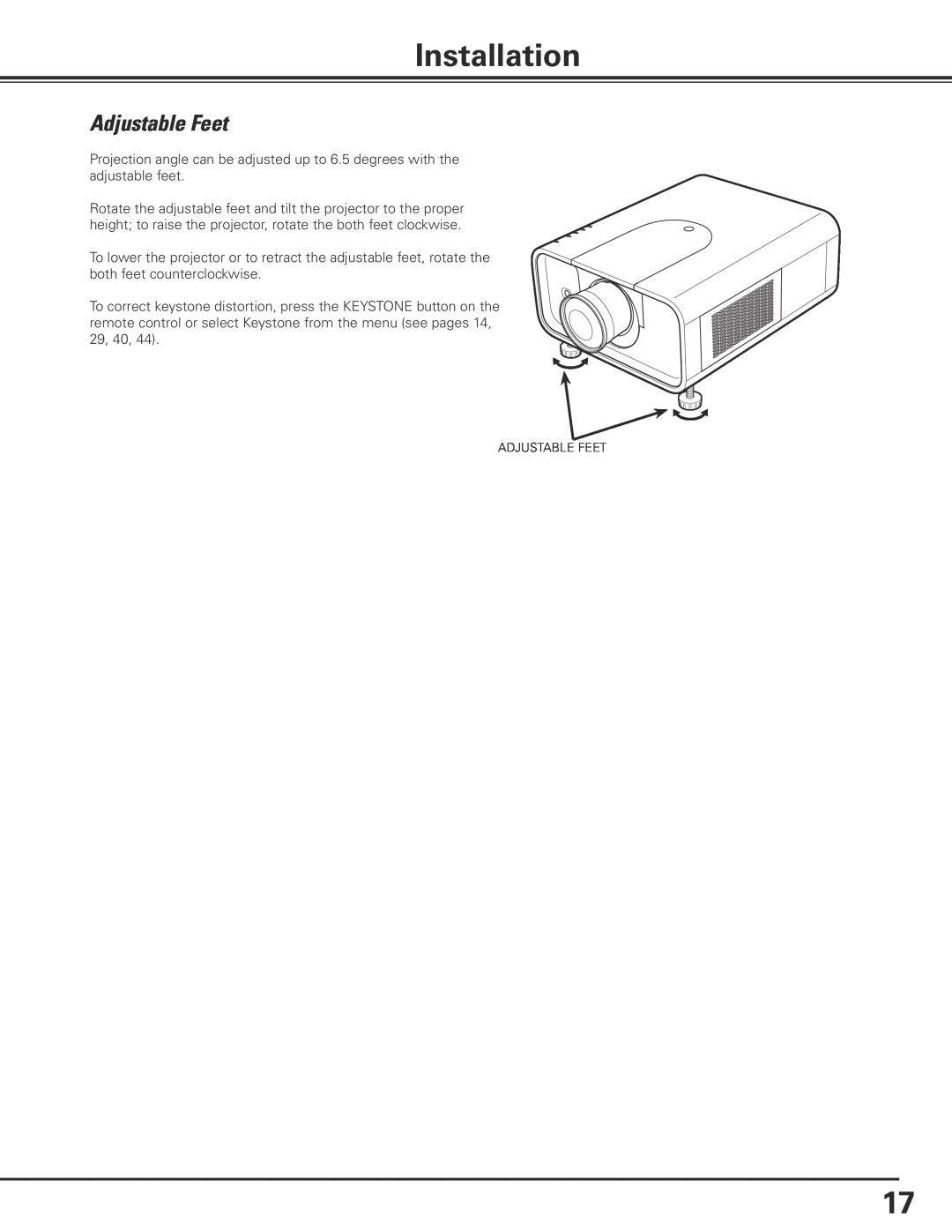 Sanyo PLC-XP100L, PLC-XP100BKL owner manual Installation, Adjustable Feet 