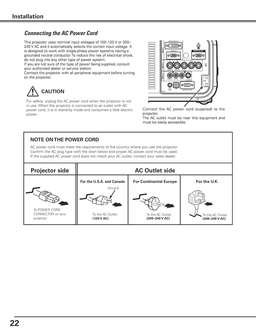 Sanyo PLC-XP100BKL, PLC-XP100L owner manual Connecting the AC Power Cord, Projector side, Installation, AC Outlet side 