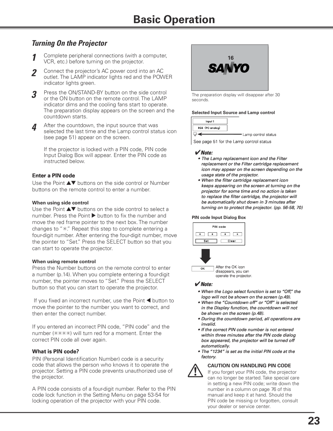 Sanyo PLC-XP100L, PLC-XP100BKL owner manual Basic Operation, Turning On the Projector 