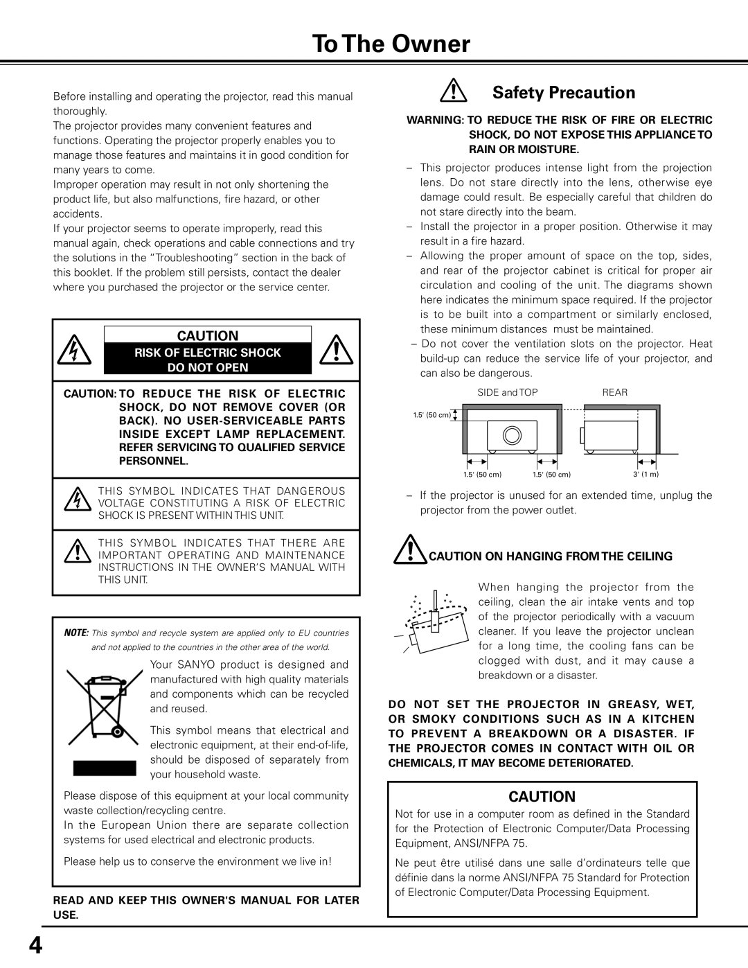 Sanyo PLC-XP100BKL, PLC-XP100L owner manual To The Owner, Safety Precaution, Risk Of Electric Shock Do Not Open 